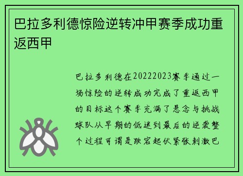 巴拉多利德惊险逆转冲甲赛季成功重返西甲 巴拉多利德惊险逆转冲甲赛季成功重返西甲
