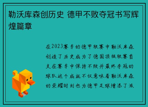 勒沃库森创历史 德甲不败夺冠书写辉煌篇章 勒沃库森创历史 德甲不败夺冠书写辉煌篇章